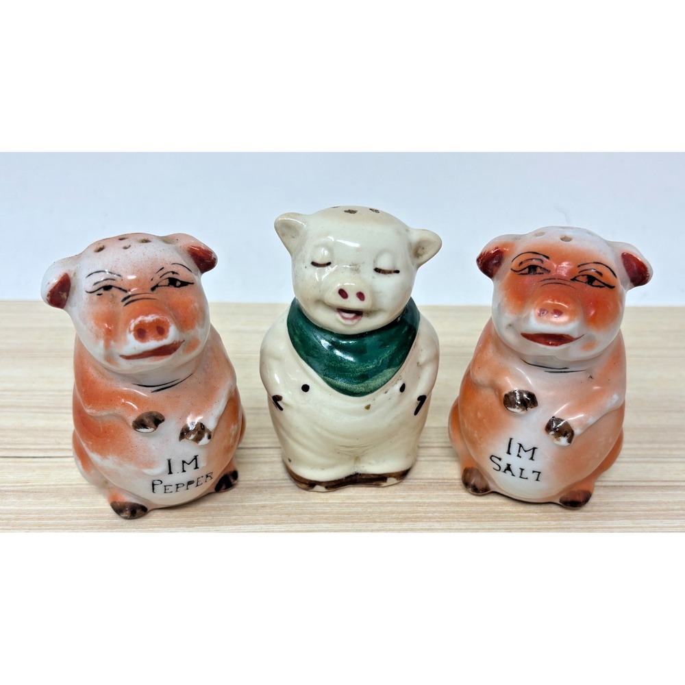 Vtg Kitsch Ceramic Pig Shawnee Salt & Pepper Shaker Set 3 Pigs IM Salt IM Pepper